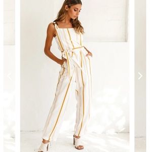 Selfie Leslie Straight Leg Jumpsuit Stripe Print Mustard in size M